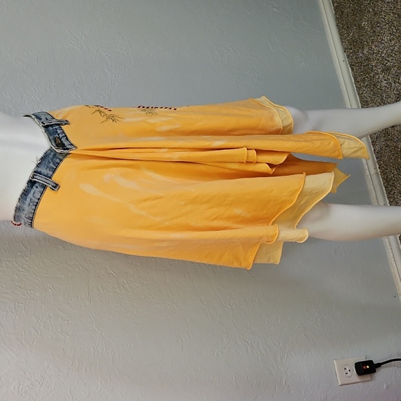 MOCHA by Moran Dahan Distressed Denim Waistband Yellow Assymetric Festival Skirt - Picture 3 of 11